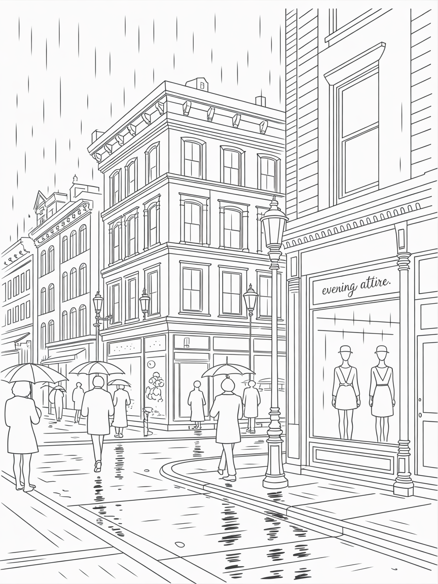 A street on a rainy night in November with lights and buildings - Free Coloring Page