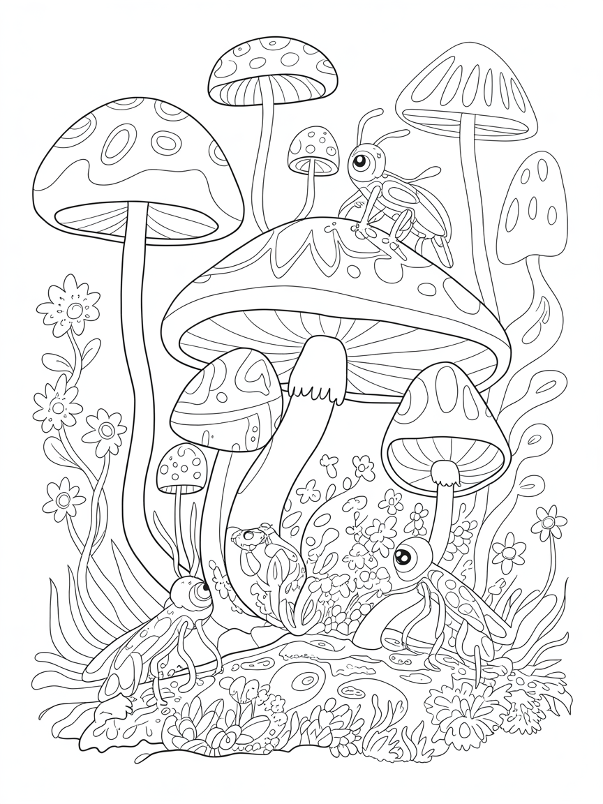 Tiny creatures living in mushrooms in a magical forest - Free Coloring Page