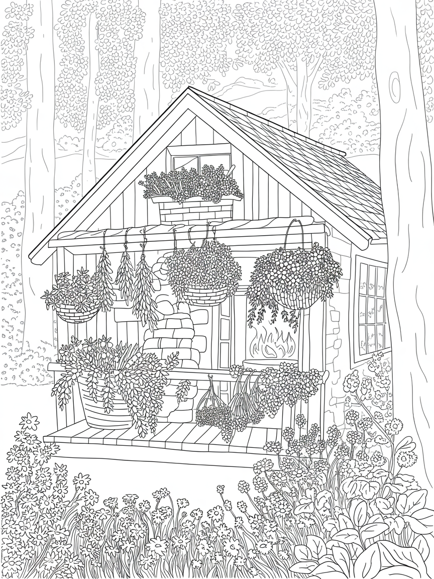 A home in the forest with hanging flowers and dried flowers and vegetables with a fire place - Free Coloring Page