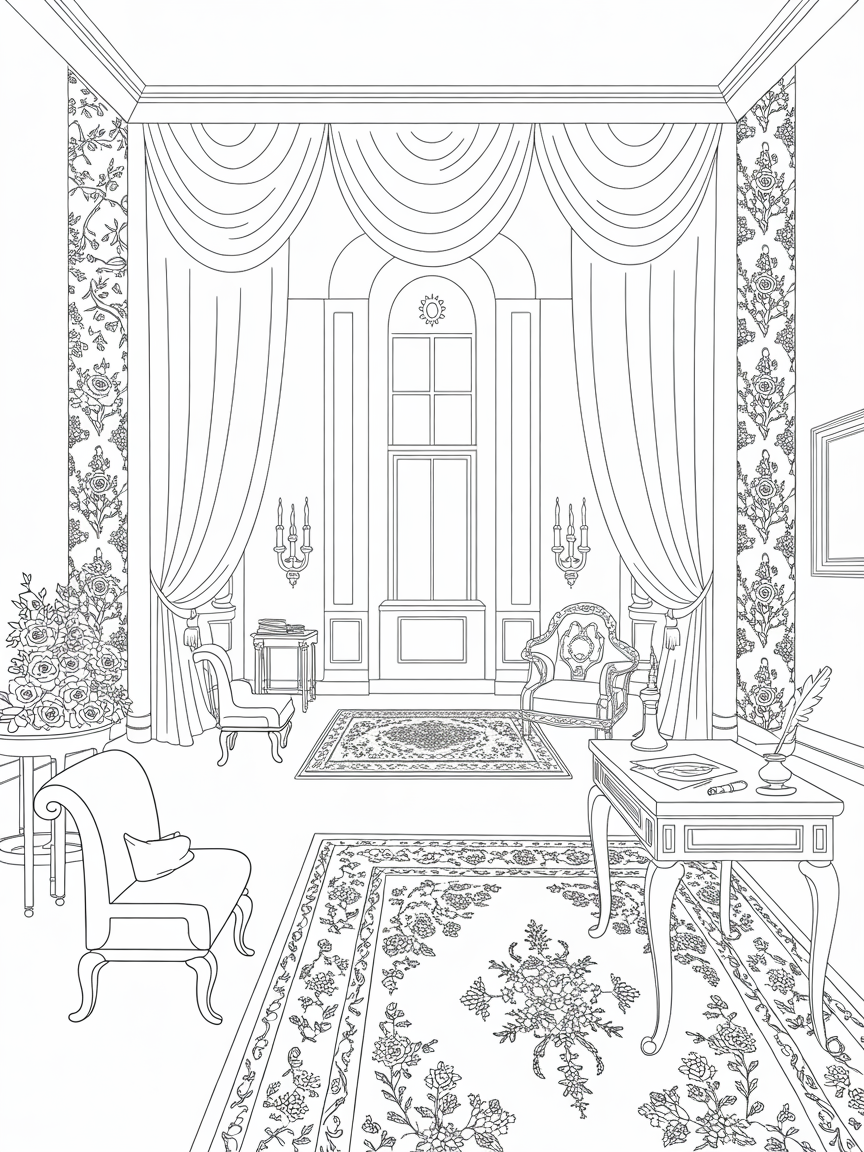 A large grand candle lit room with cascading curtains - Free Coloring Page