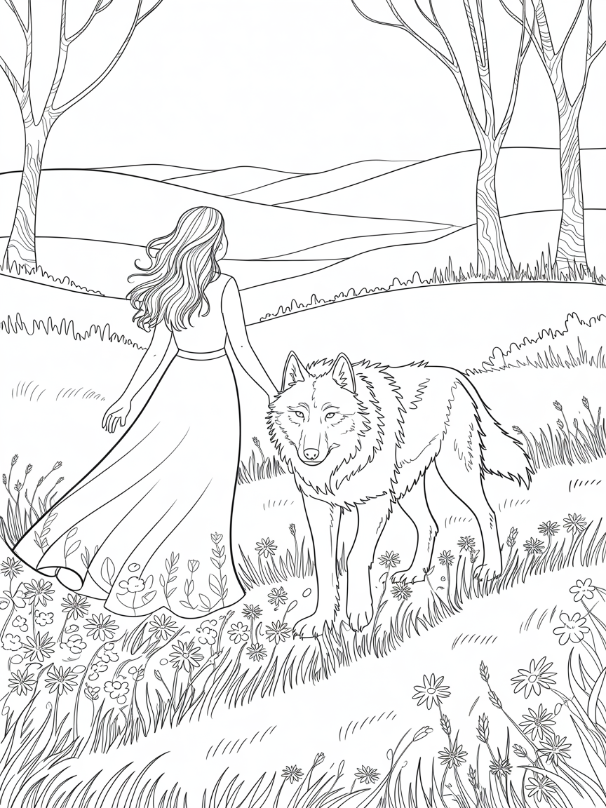 A wolf walking beside a woman in a meadow they seem happy enjoying the day - Free Coloring Page