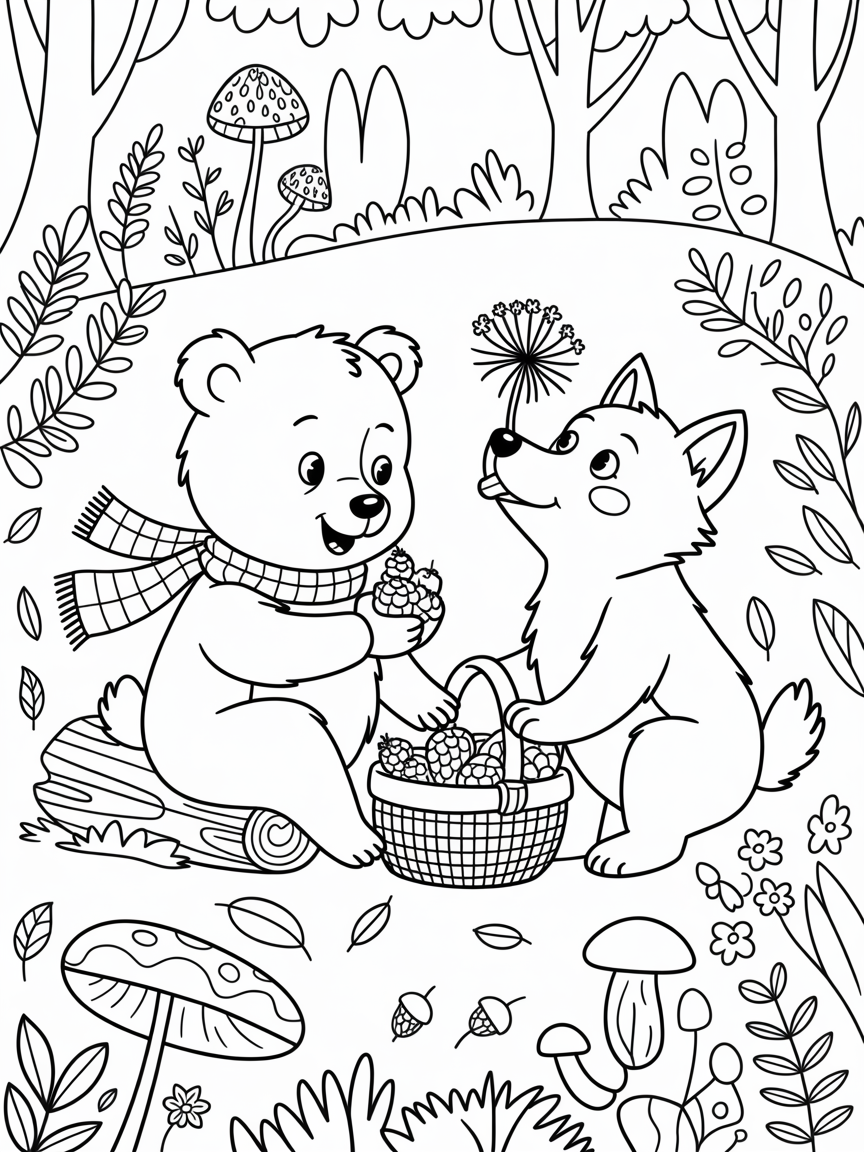 Little bear and little wolf as friends - Free Coloring Page