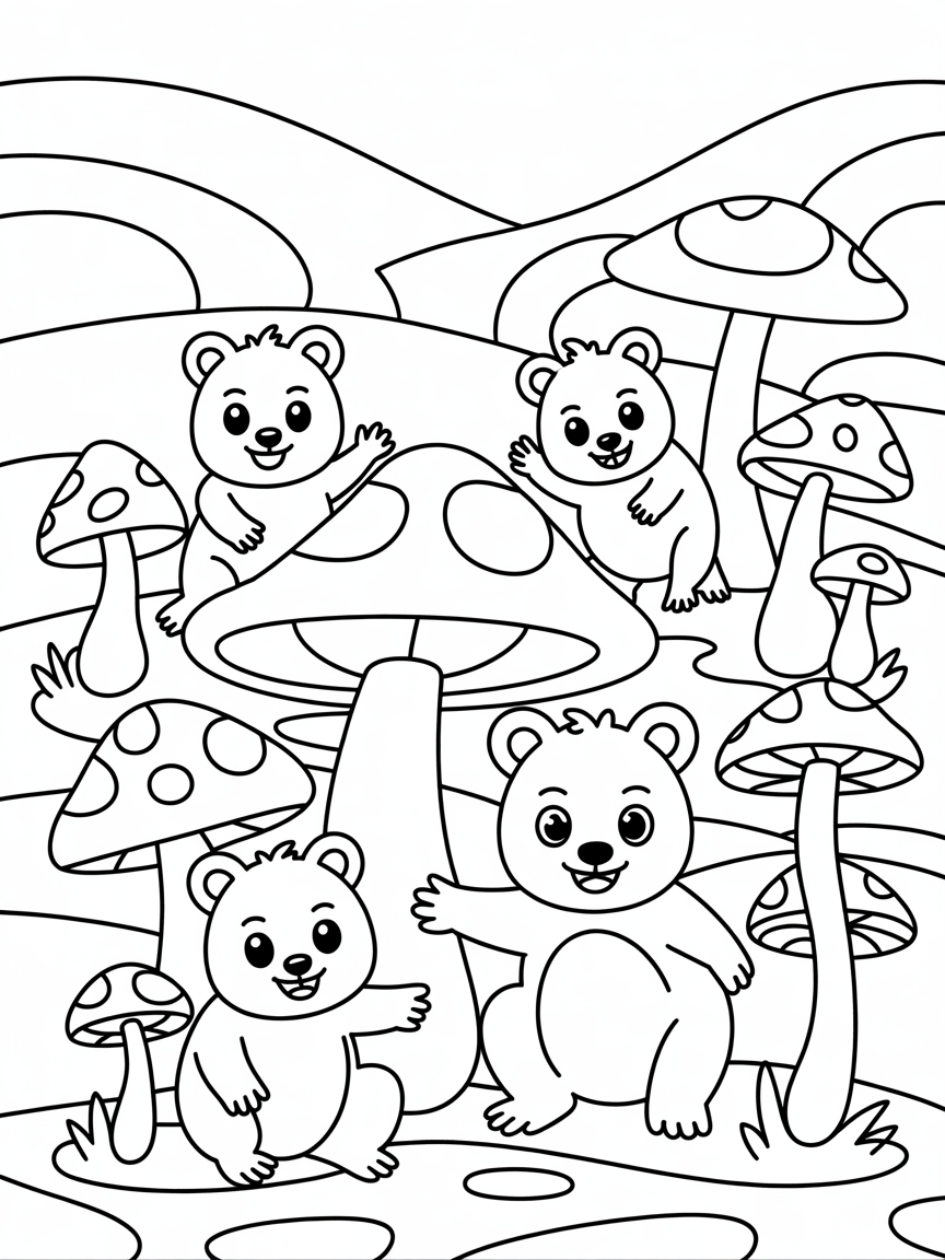 Quokkas living in a magical enchanted mushroom village - Free Coloring Page