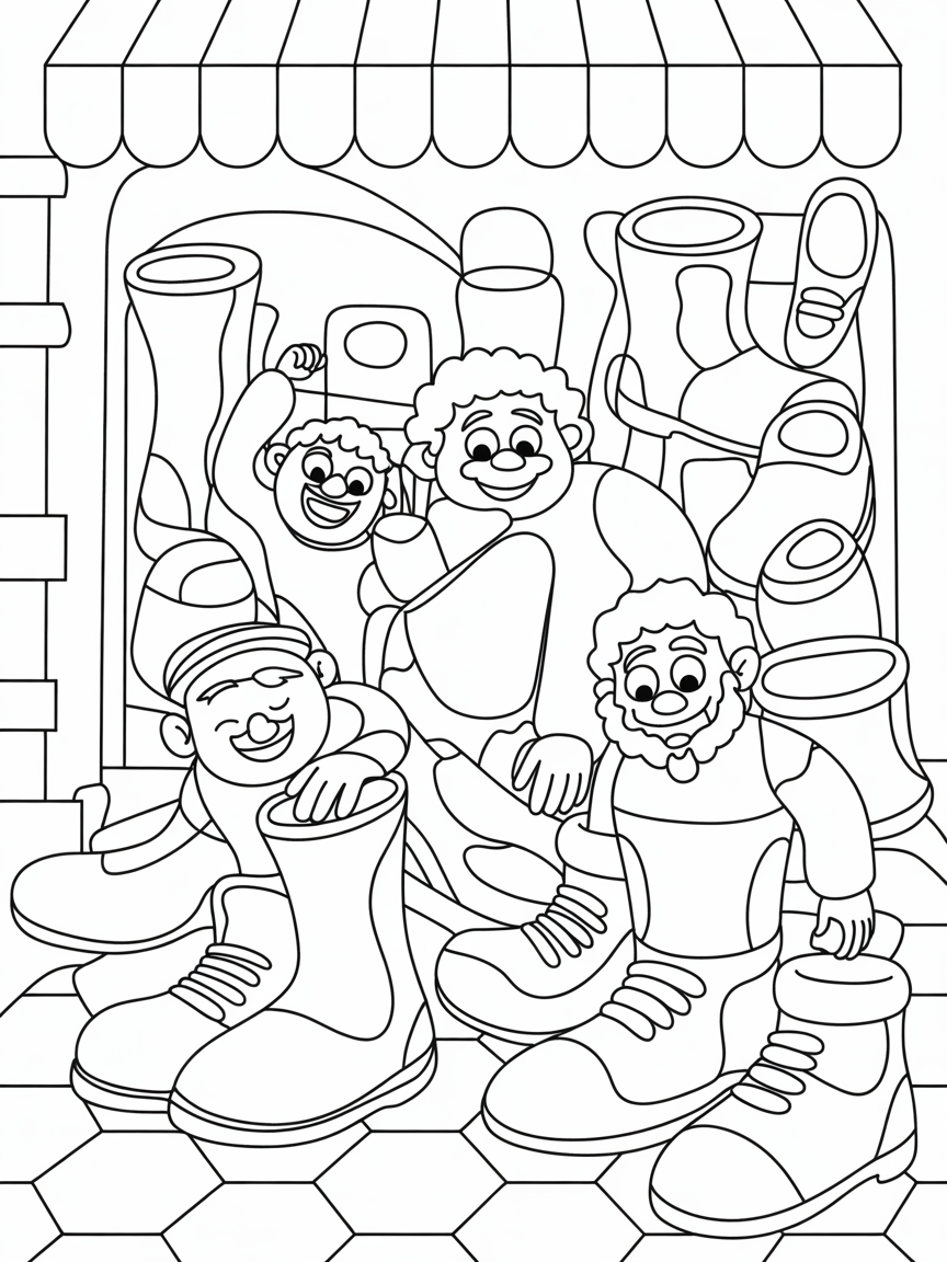 Giants in a shoeshop - Free Coloring Page