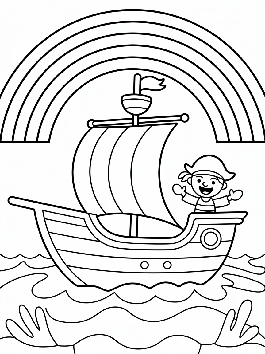 Pirate ship sailing through a rainbow, realistic, complex - Free Coloring Page