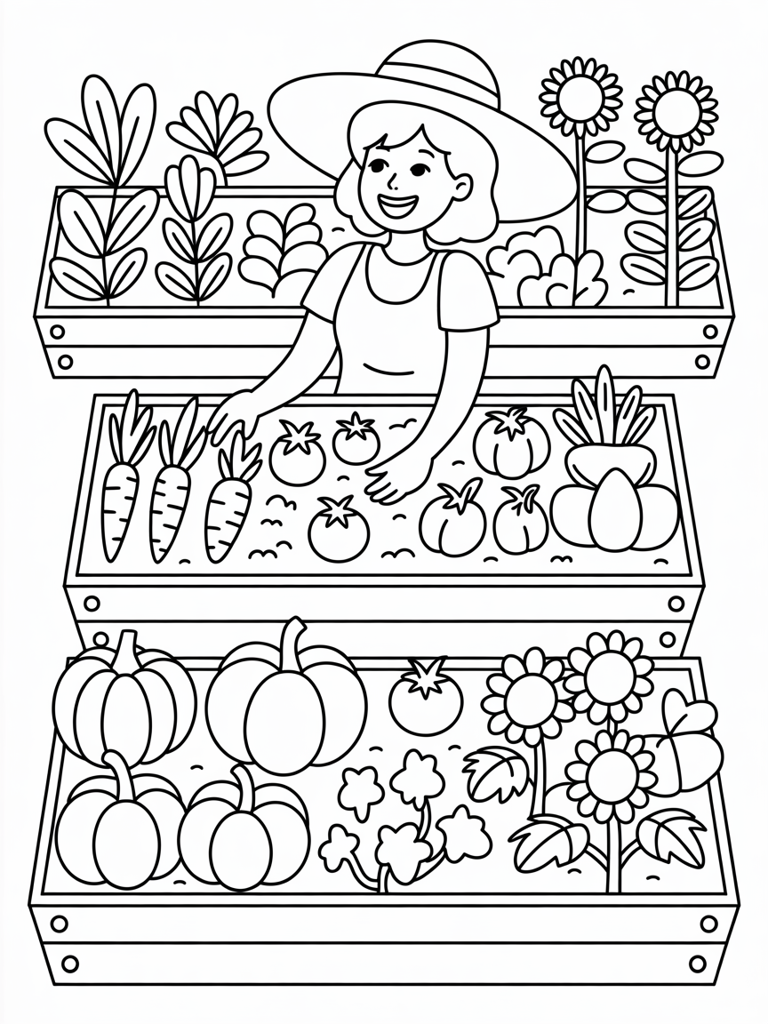 A vegetable garden with fruit and veg growing in raised garden beds. A lady in a straw hat is gardening - Free Coloring Page