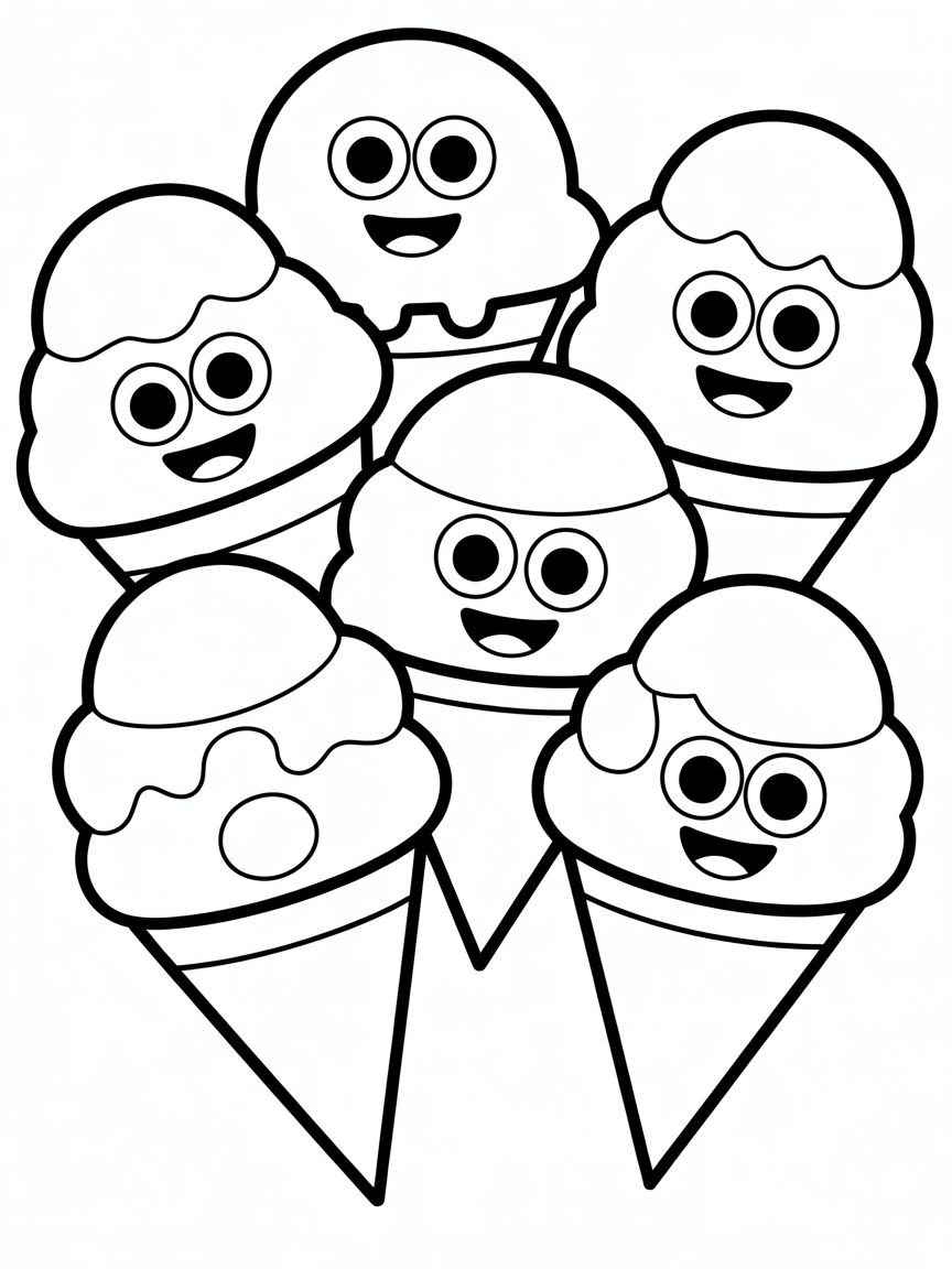 Ice cream cones with funny faces - Free Coloring Page