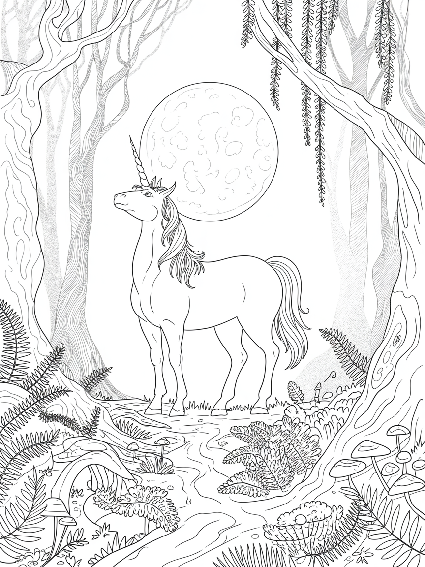 A unicorn in a forest looking at a full moon - Free Coloring Page