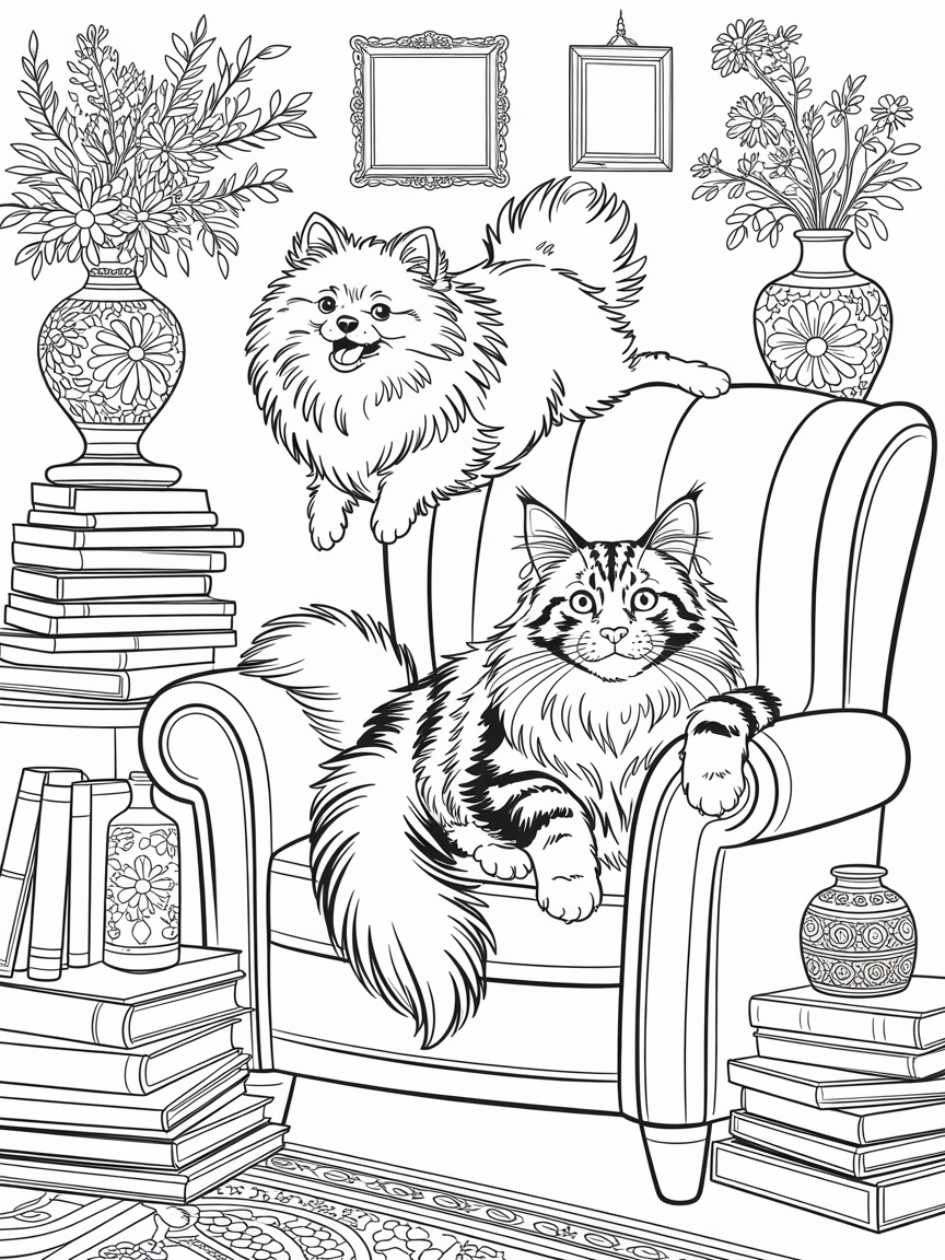 A pomeranian and a maine coon - Free Coloring Page