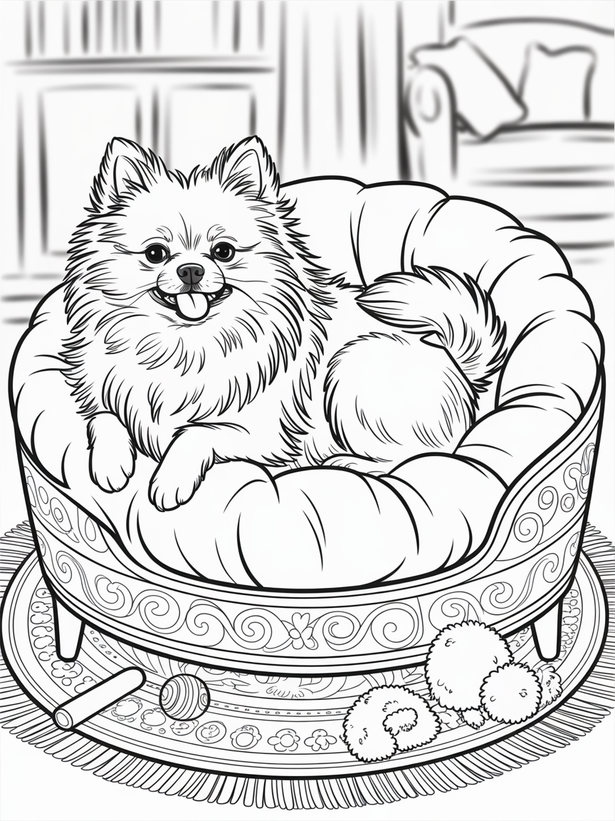 A pomeranian in a dog bed - Free Coloring Page