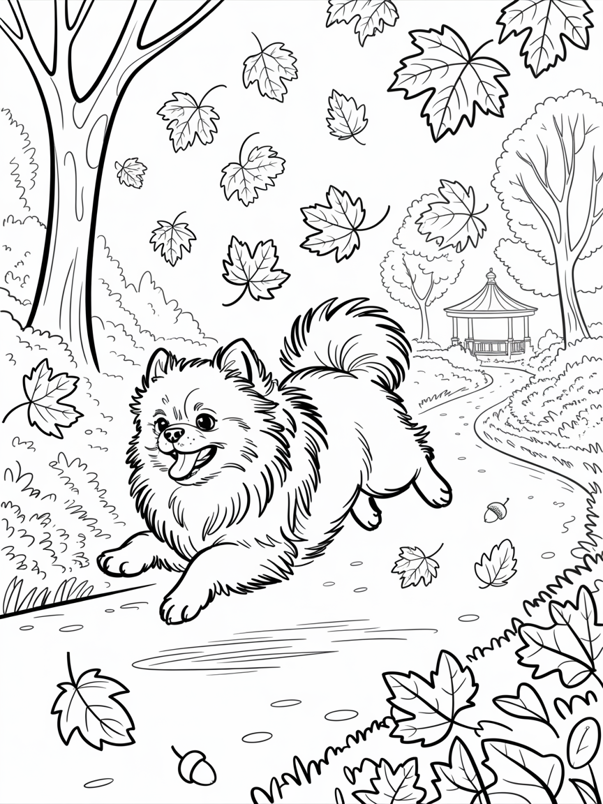 A pomeranian chasing Leafs - Free Coloring Page