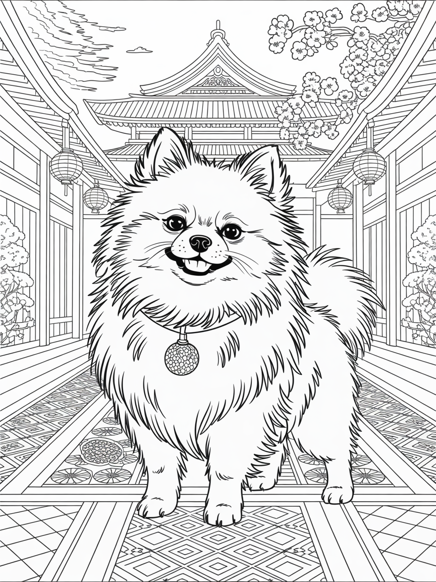A pomeranian in a japanese palace - Free Coloring Page
