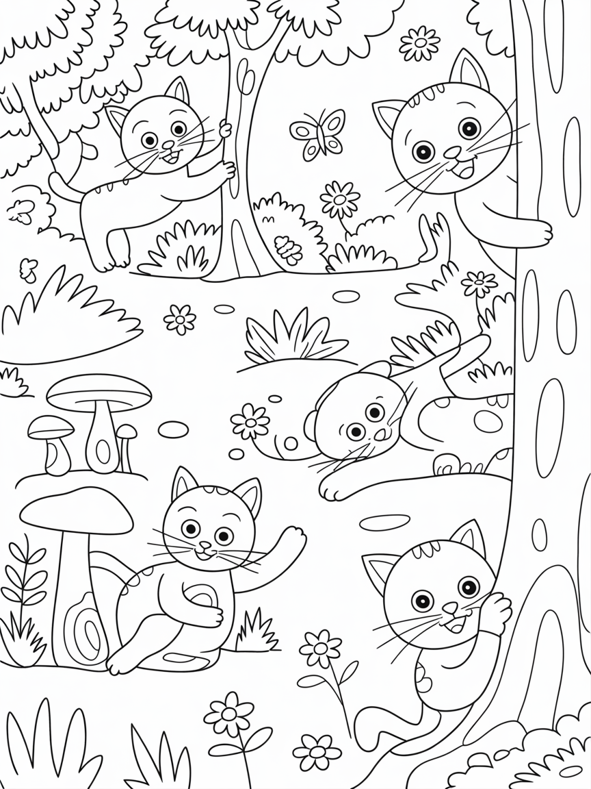 Cats in a sunny and friendly forest - Free Coloring Page