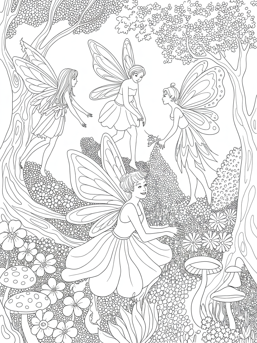 Fairies in a forest - Free Coloring Page