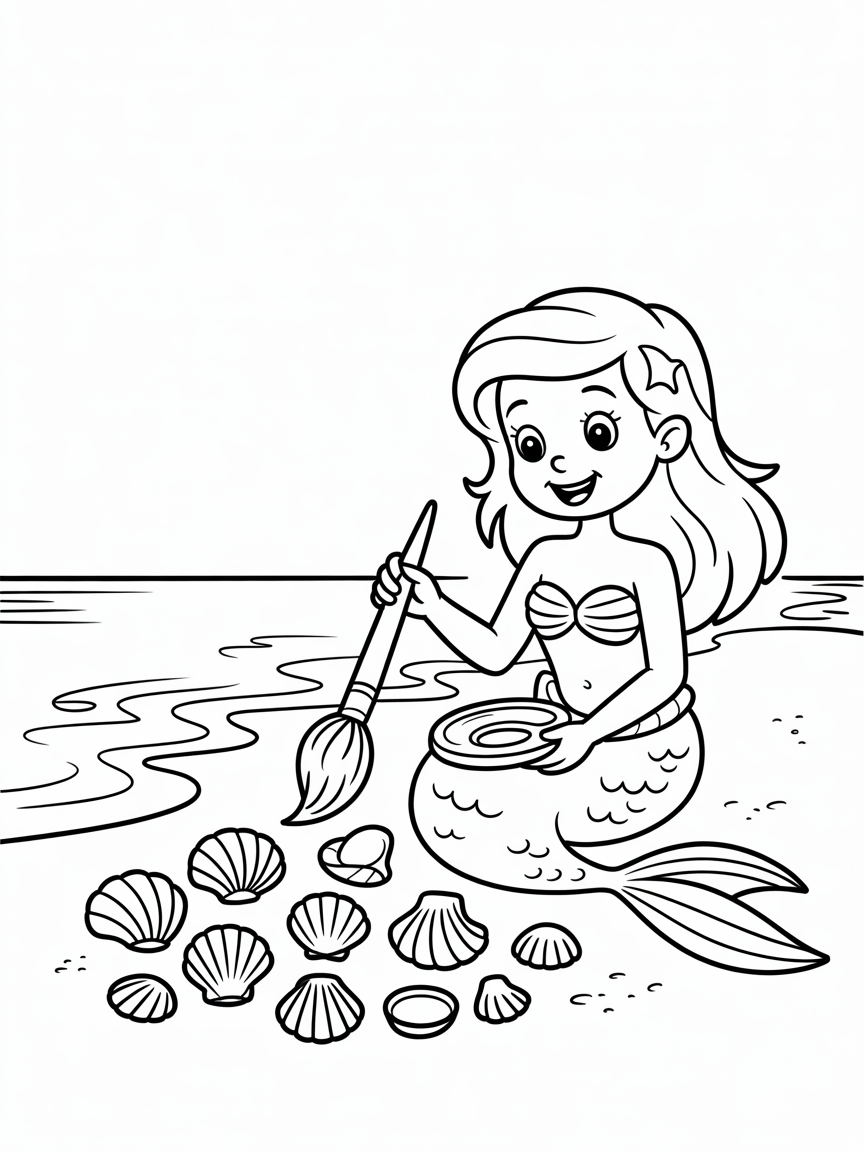 Mermaid painting seashells on the beach - Free Coloring Page