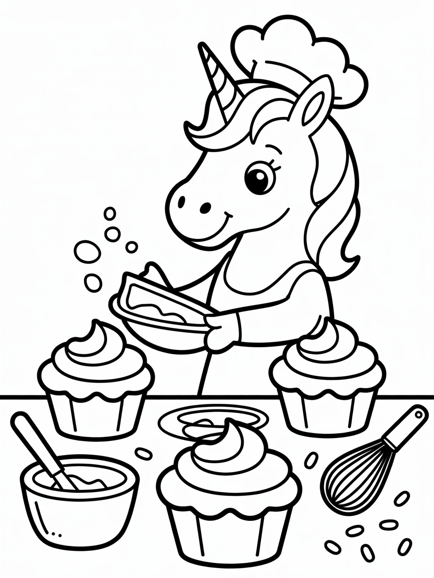 Unicorn baking colorful rainbow cupcakes - Free Coloring Page