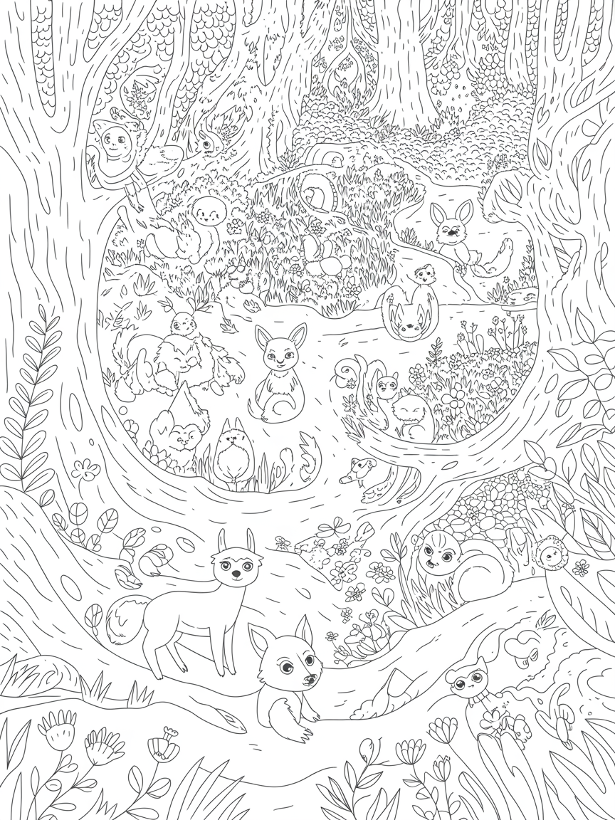 A forest filled with cute animals - Free Coloring Page