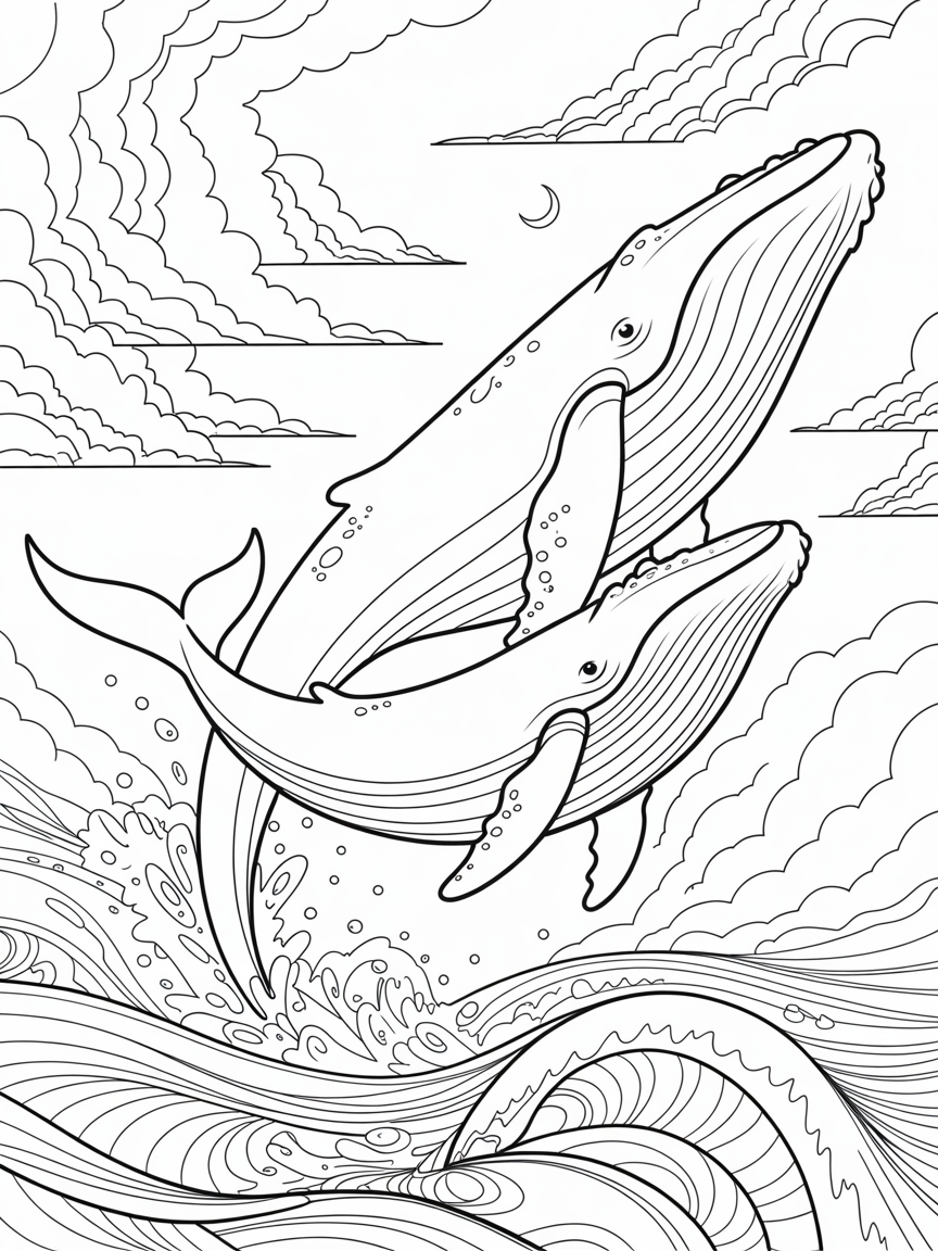 Whales, mother and child flying out of the ocean INTO a dreamy Sky with clouds - Free Coloring Page