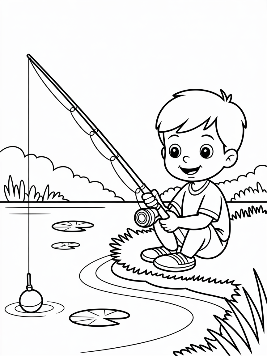 A boy sitting at a lake holding a fishing rod - Free Coloring Page