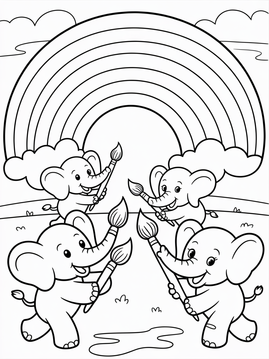 Flying elephants painting a rainbow - Free Coloring Page