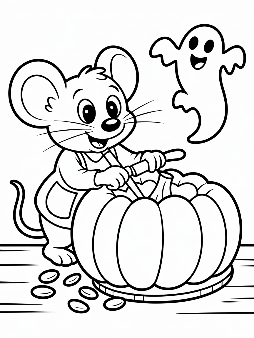 A mouse carving a Halloween pumpkin - Free Coloring Page