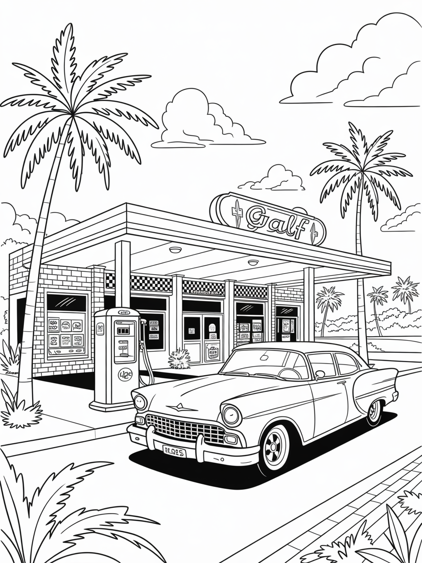 50S GULF GAS STATION - Free Coloring Page