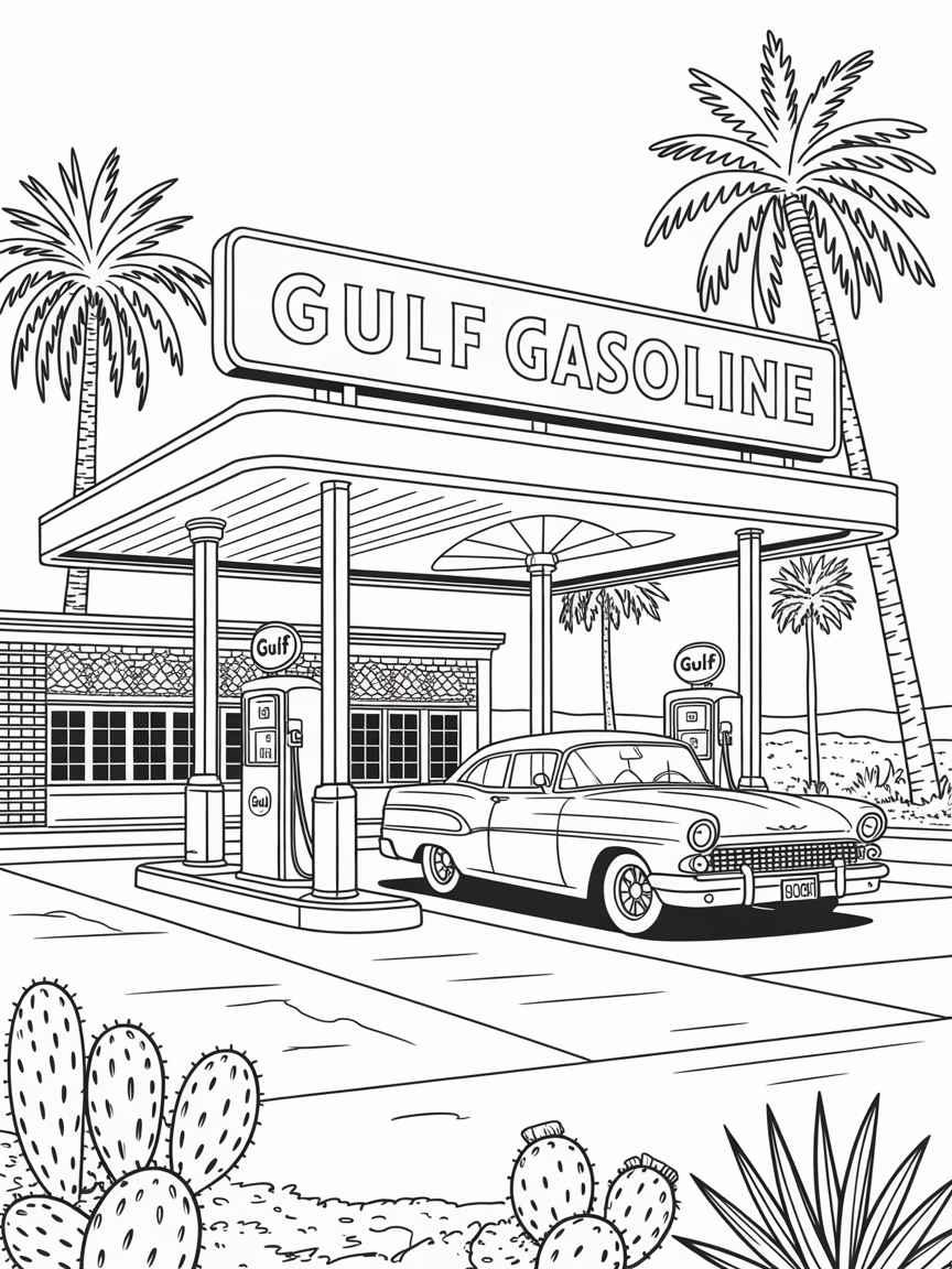 50S GULF FLAGSHIP GAS STATION - Free Coloring Page