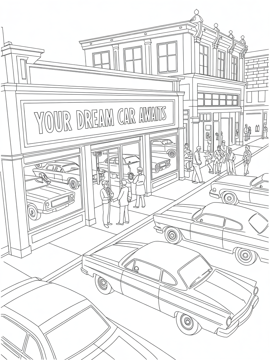 50S CAR DEALERSHIP BUILDING - Free Coloring Page