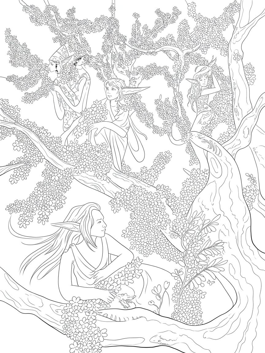 Forest, elves, cherry blossom - Free Coloring Page
