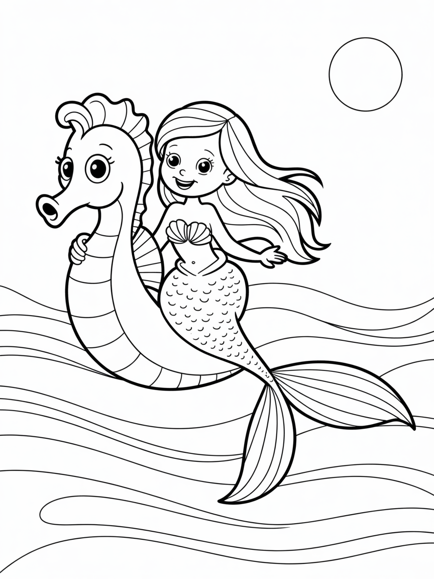 Mermaid riding a friendly seahorse - Free Coloring Page