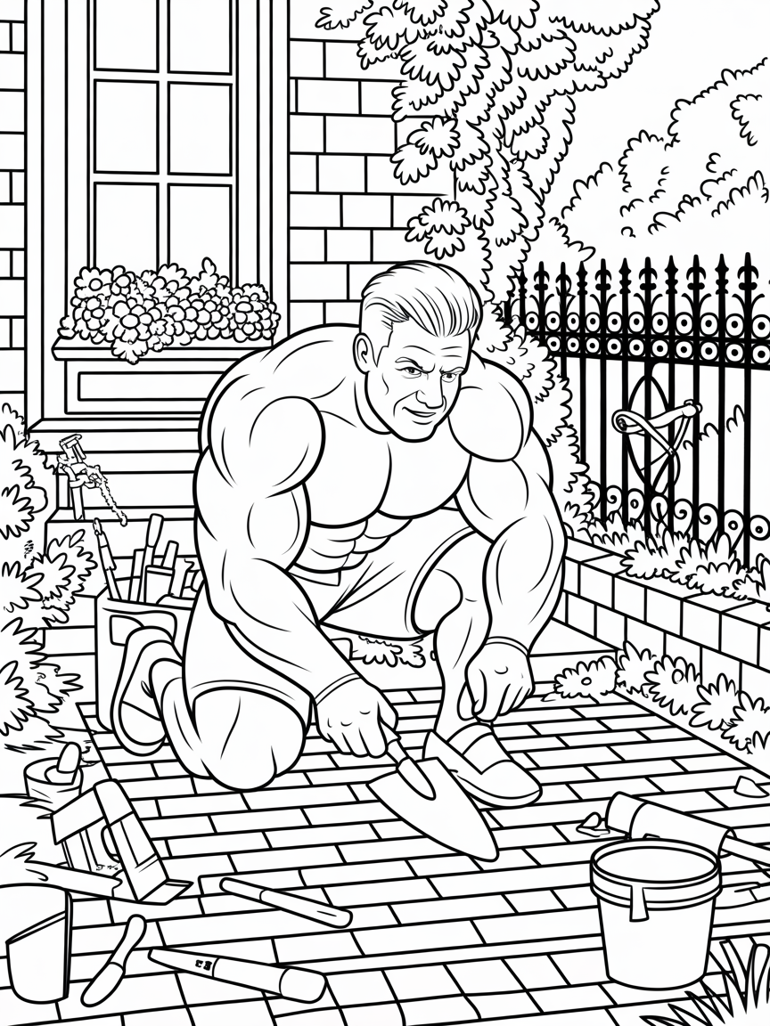 Very muscular bodybuilder renovating a house - Free Coloring Page