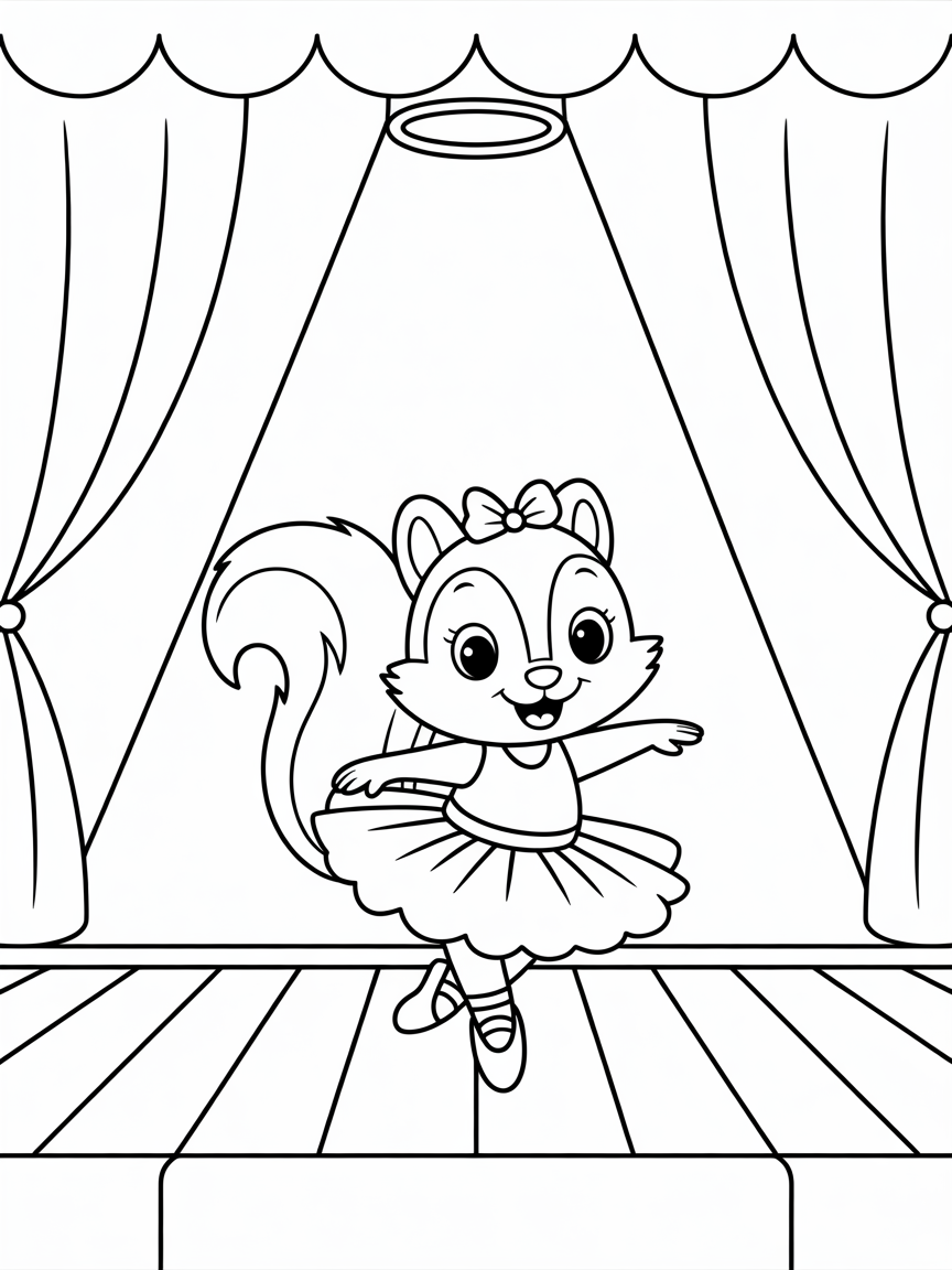 Ballerina squirrel twirling on stage - Free Coloring Page