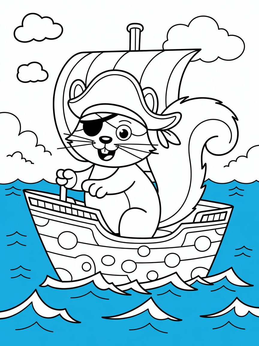 Pirate squirrel sailing a cheese ship - Free Coloring Page