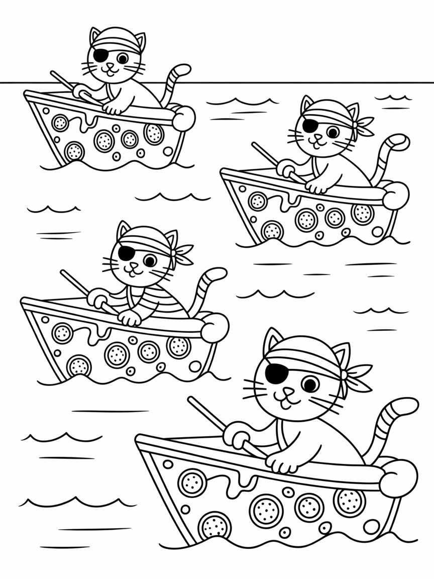 Pirate cats sailing on pizza ships - Free Coloring Page