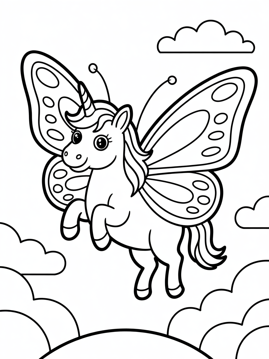 Unicorn flying with butterfly wings - Free Coloring Page