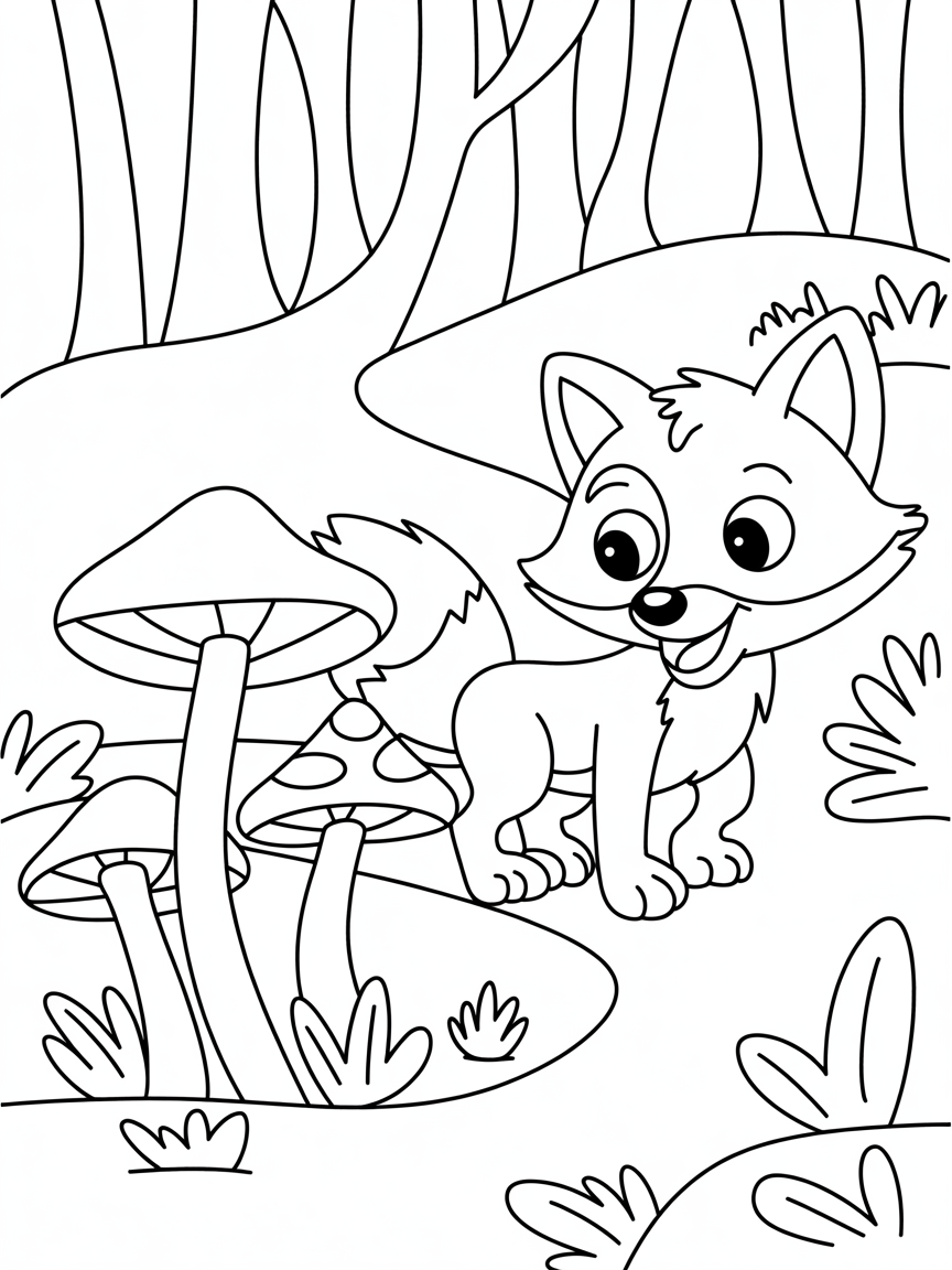 Fairytale, toadstools fox - Free Coloring Page