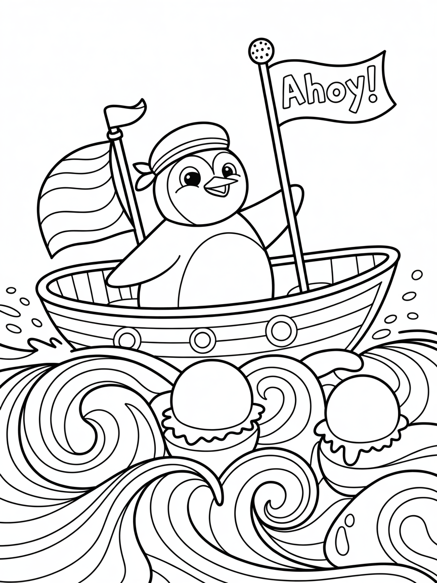 Pirate penguin sailing ice cream chocolate seas - Free Coloring Page