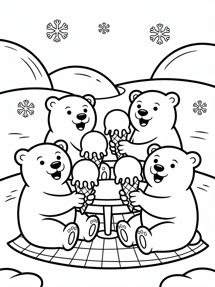 Polar bears having an ice cream picnic - Free Coloring Page