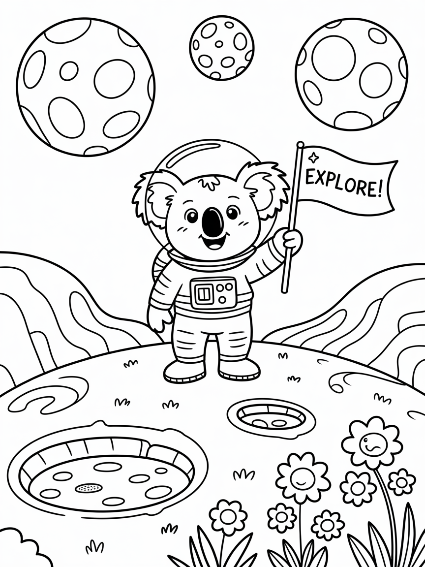 Koala astronaut exploring a colorful planet - Free Coloring Page