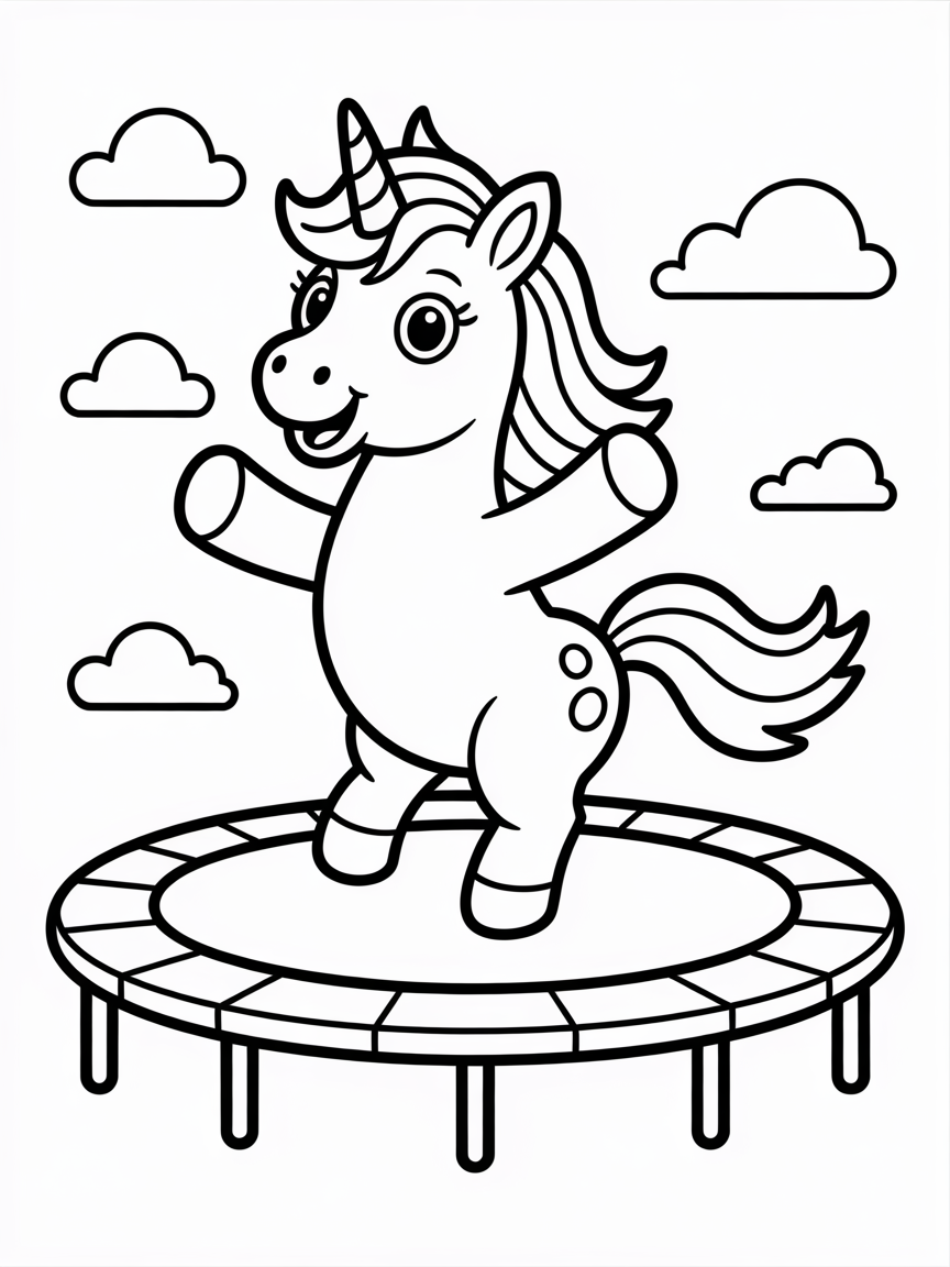 Unicorn dancing on a rainbow trampoline - Free Coloring Page