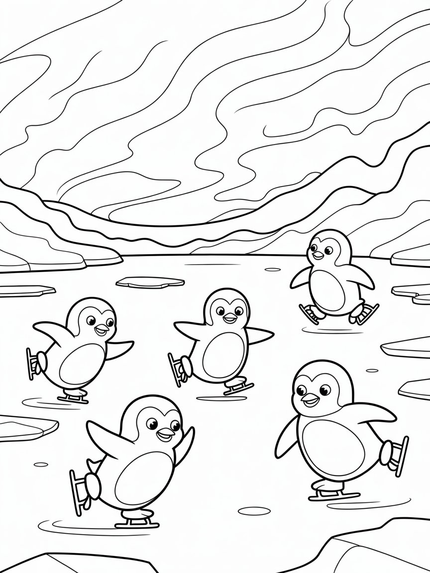 Penguins ice skating under aurora borealis - Free Coloring Page