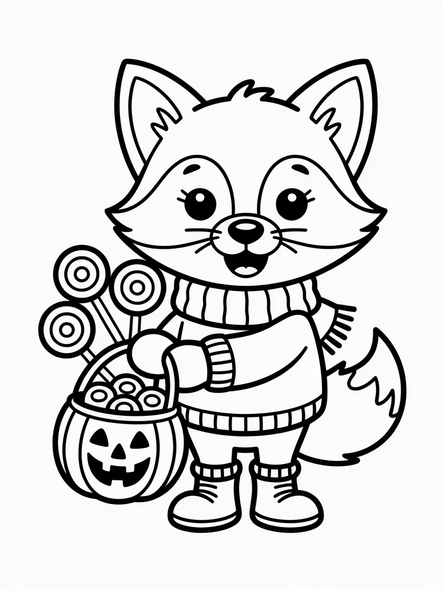 Cute cartoon fox, front-facing, wearing a simple autumn sweater (no patterns), scarf, and simple boots (no laces), holding a pumpkin-shaped Halloween bucket containing 3 large lollipop candies with sticks and 4 chocolates. Child-friendly fantasy face, black-and-white line art, thick outlines, coloring book style, white background.. - Free Coloring Page