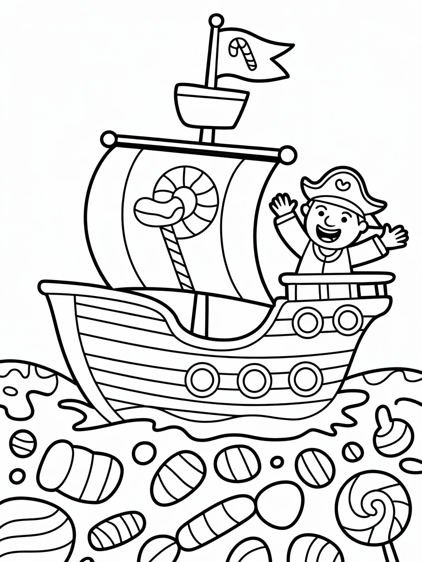 Pirate ship in a candy sea - Free Coloring Page