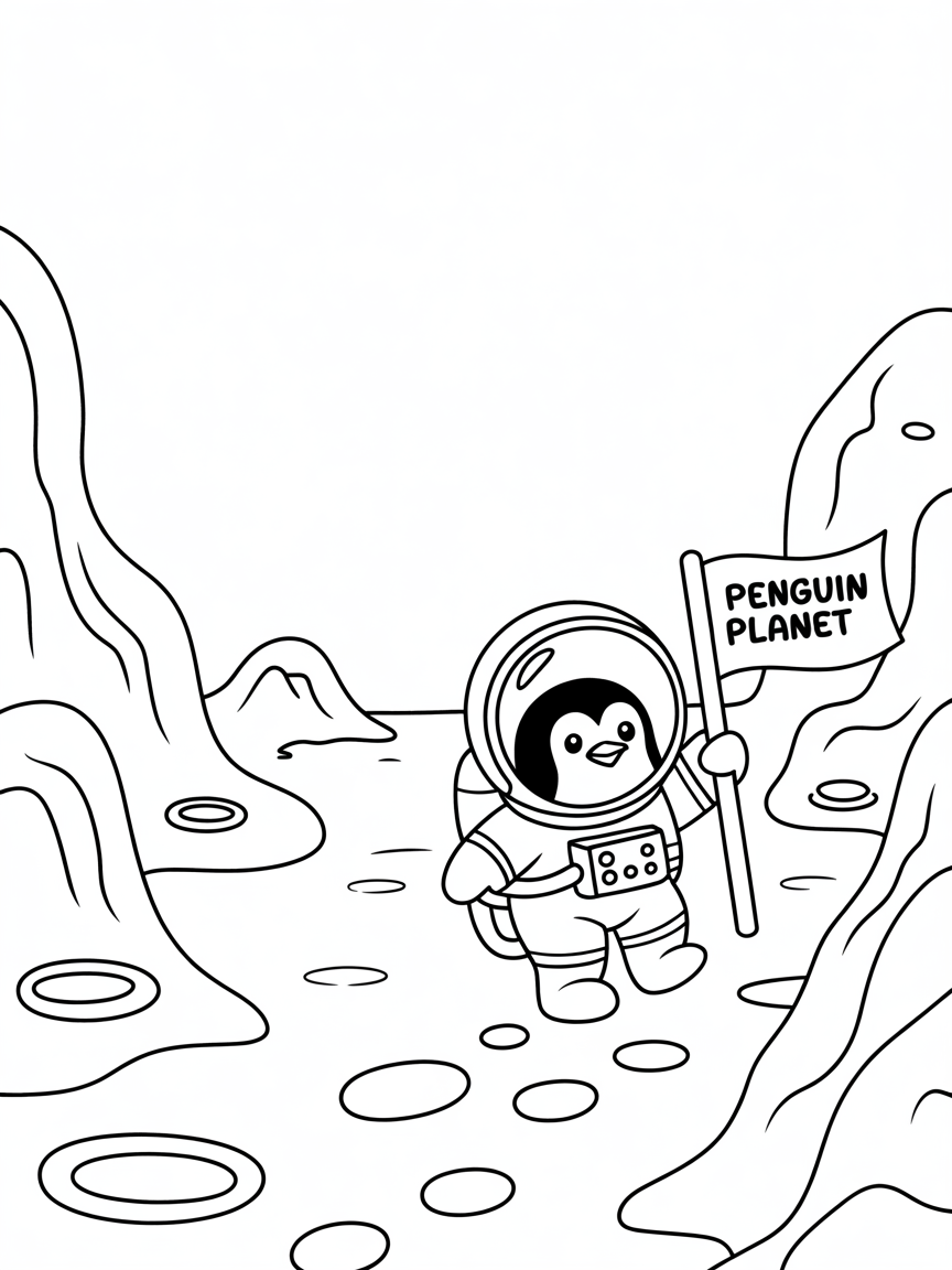 Astronaut penguin exploring ice planets - Free Coloring Page