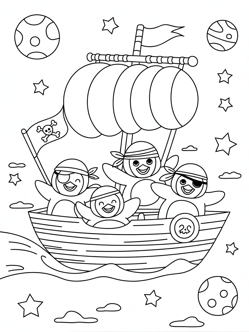 Pirate penguins sailing through space - Free Coloring Page