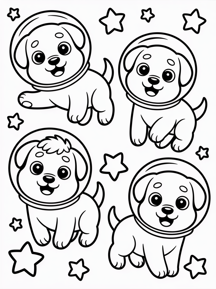 Space puppies in astronaut helmets - Free Coloring Page
