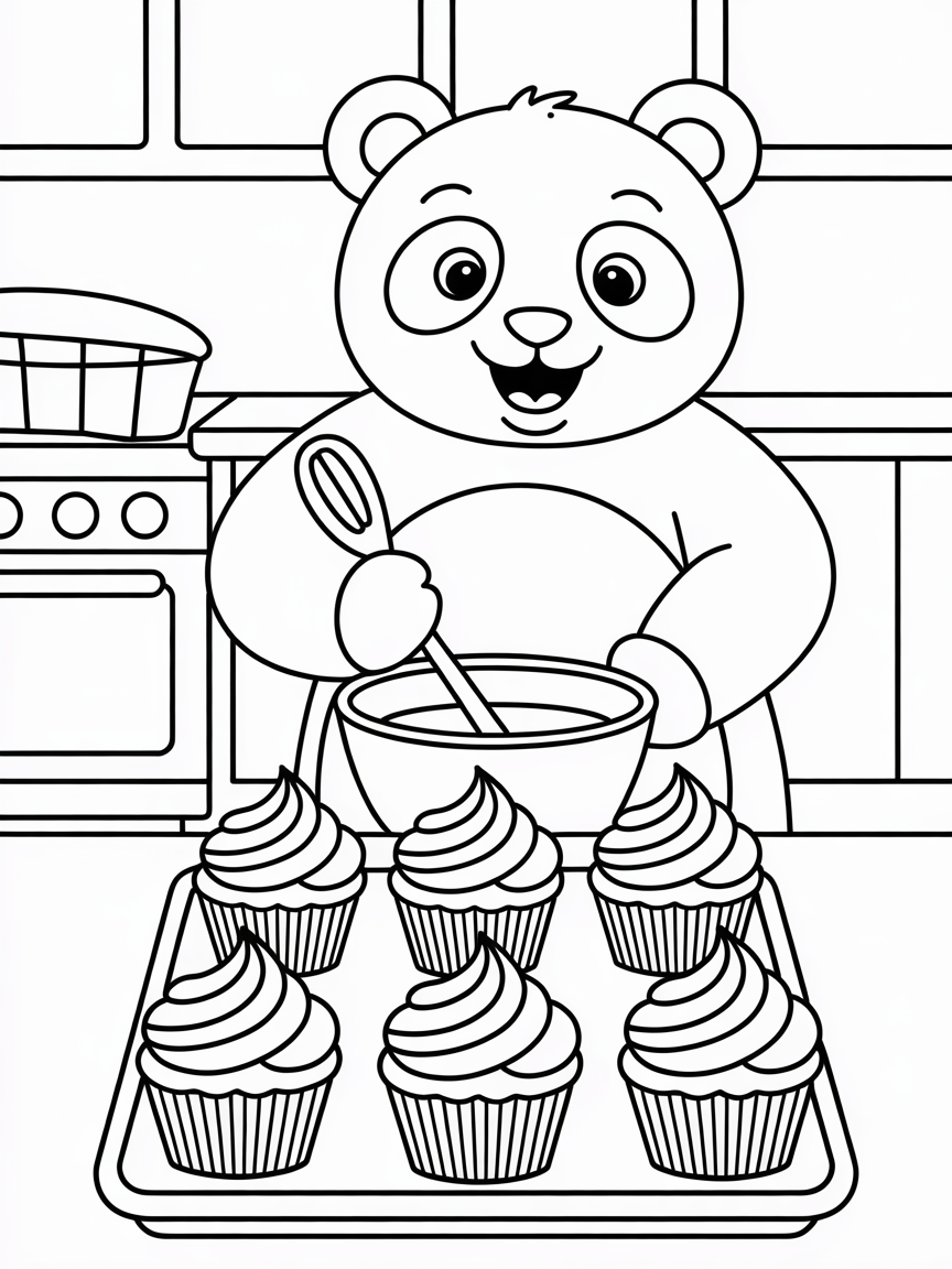 Panda baking rainbow cupcakes - Free Coloring Page