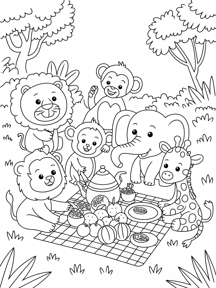 Jungle animals having a picnic - Free Coloring Page