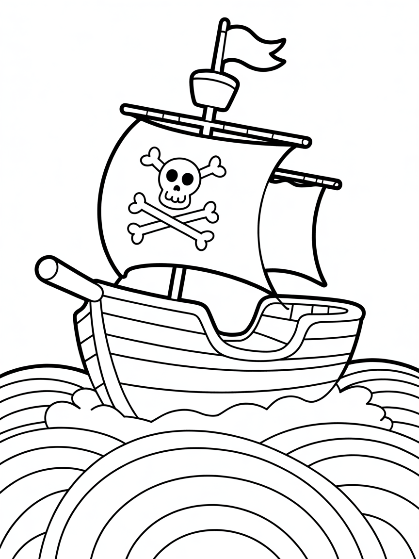 Pirate ship sailing on rainbow waves - Free Coloring Page