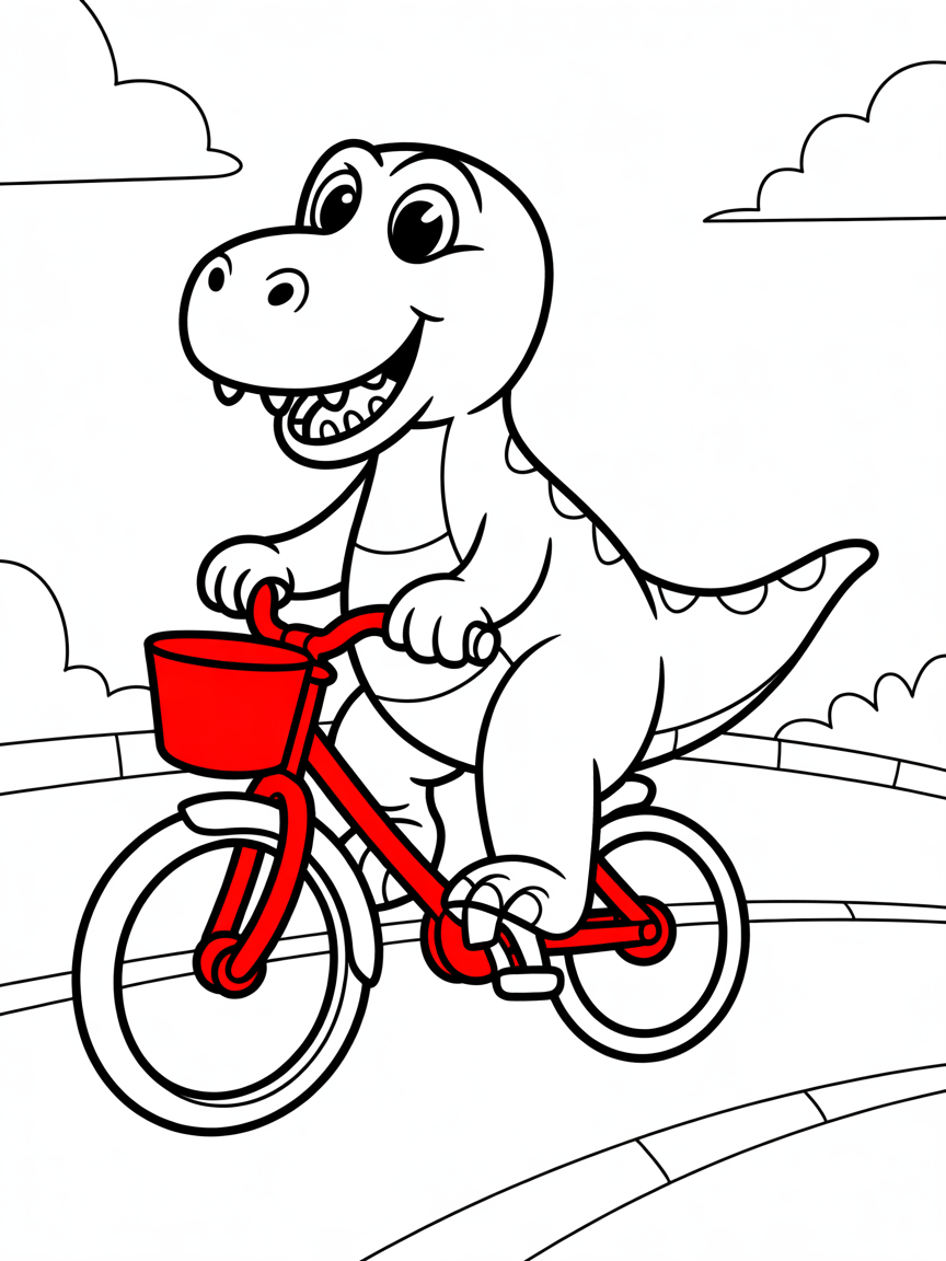 Dinosaur riding a bike - Free Coloring Page